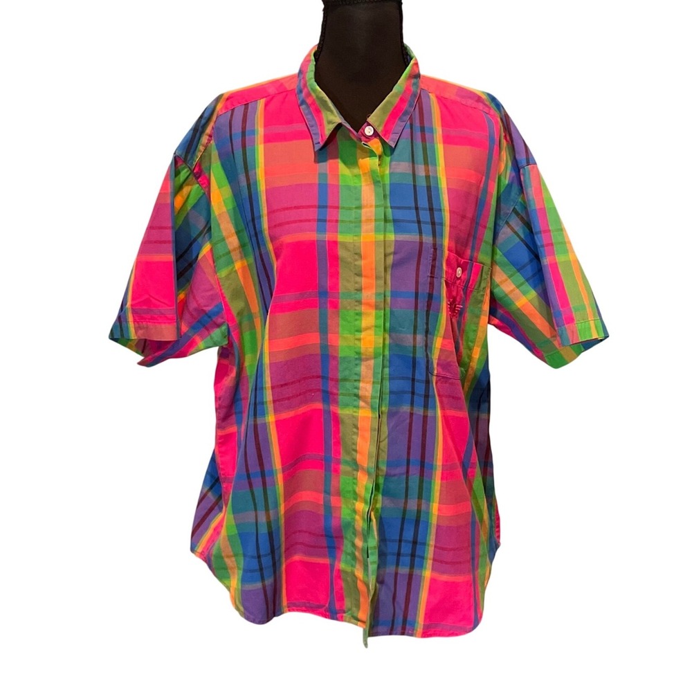 VTG 90s Cotton Neon Madras Plaid Button Down Shirt Womens L Dopamine Dressing